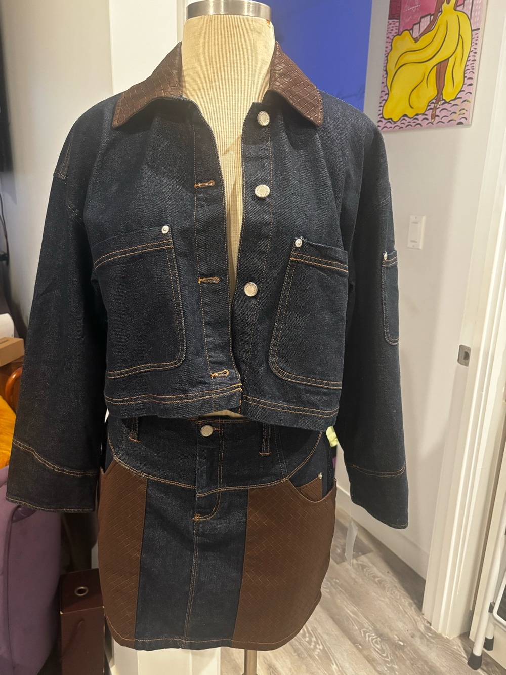 Avec Les Filles Dark Blue Denim and Brown Trim Skirt Set